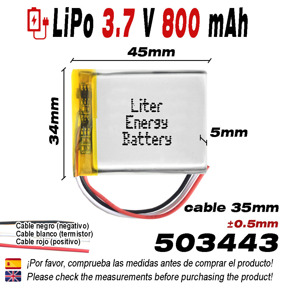 Batería 3 cables 503443 LiPo 3.7V 800mAh 2.96Wh 1S 5C Liter Energy Battery Recargable con PCM termistor NTC smartwatch reloj electrónica No apta para Radio Control 45x34x5mm (3P|800mAh|503443)