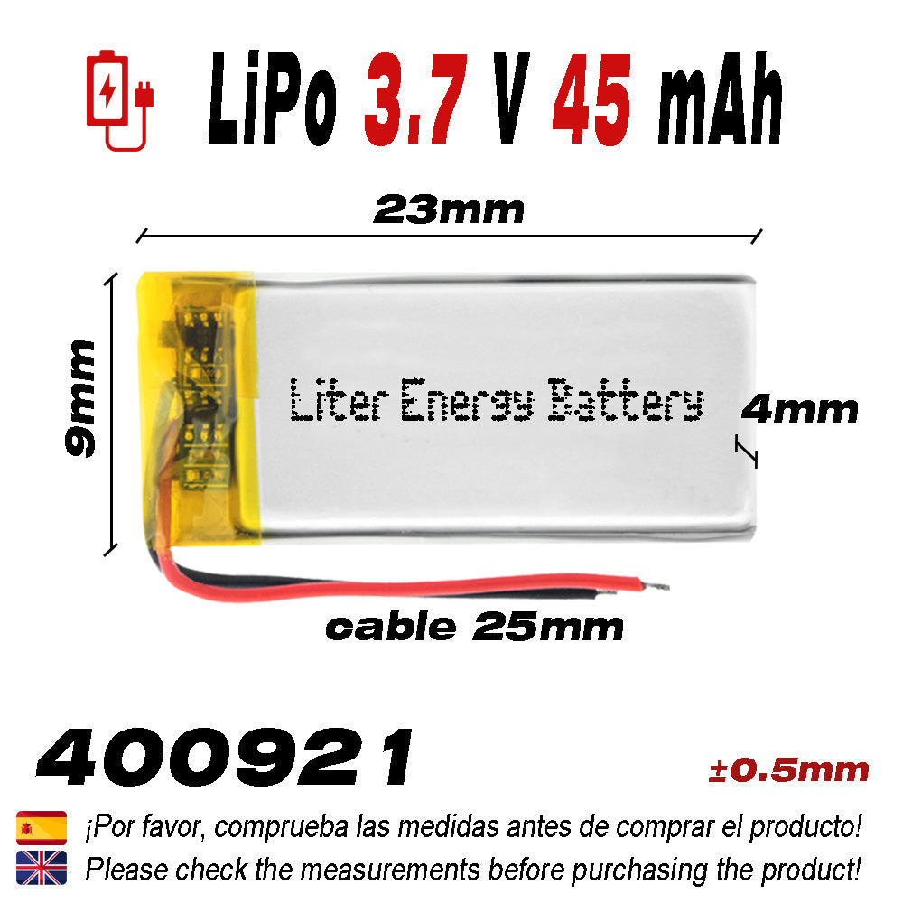 Batería 400921 LiPo 3.7V 45mAh 1.670Wh 1S 5C Liter Energy Battery para Electrónica Recargable teléfono portátil vídeo smartwatch reloj GPS - No apta para Radio Contro 23x9x4mm