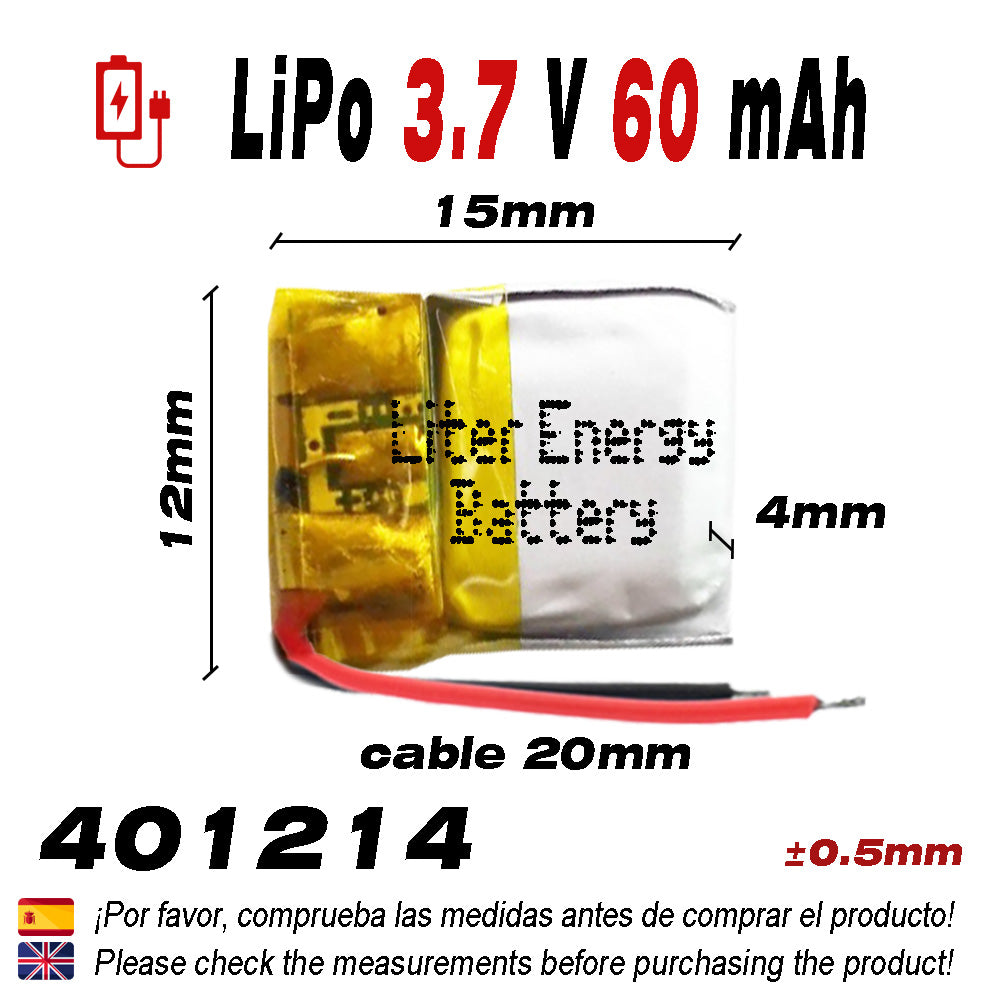 Batería 401214 LiPo 3.7V 60mAh 0.222Wh 1S 5C Liter Energy Battery para Electrónica Recargable teléfono portátil vídeo smartwatch reloj GPS - No apta para Radio Control 16x12x4mm (60mAh|401214)