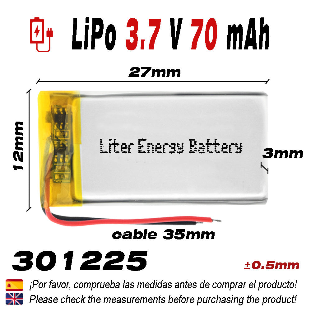 Batería 301225 LiPo 3.7V 70mAh 0.259Wh 1S 5C Liter Energy Battery para Electrónica Recargable teléfono portátil vídeo smartwatch reloj GPS - No apta para Radio Control 27x12x3mm (70mAh|301225)