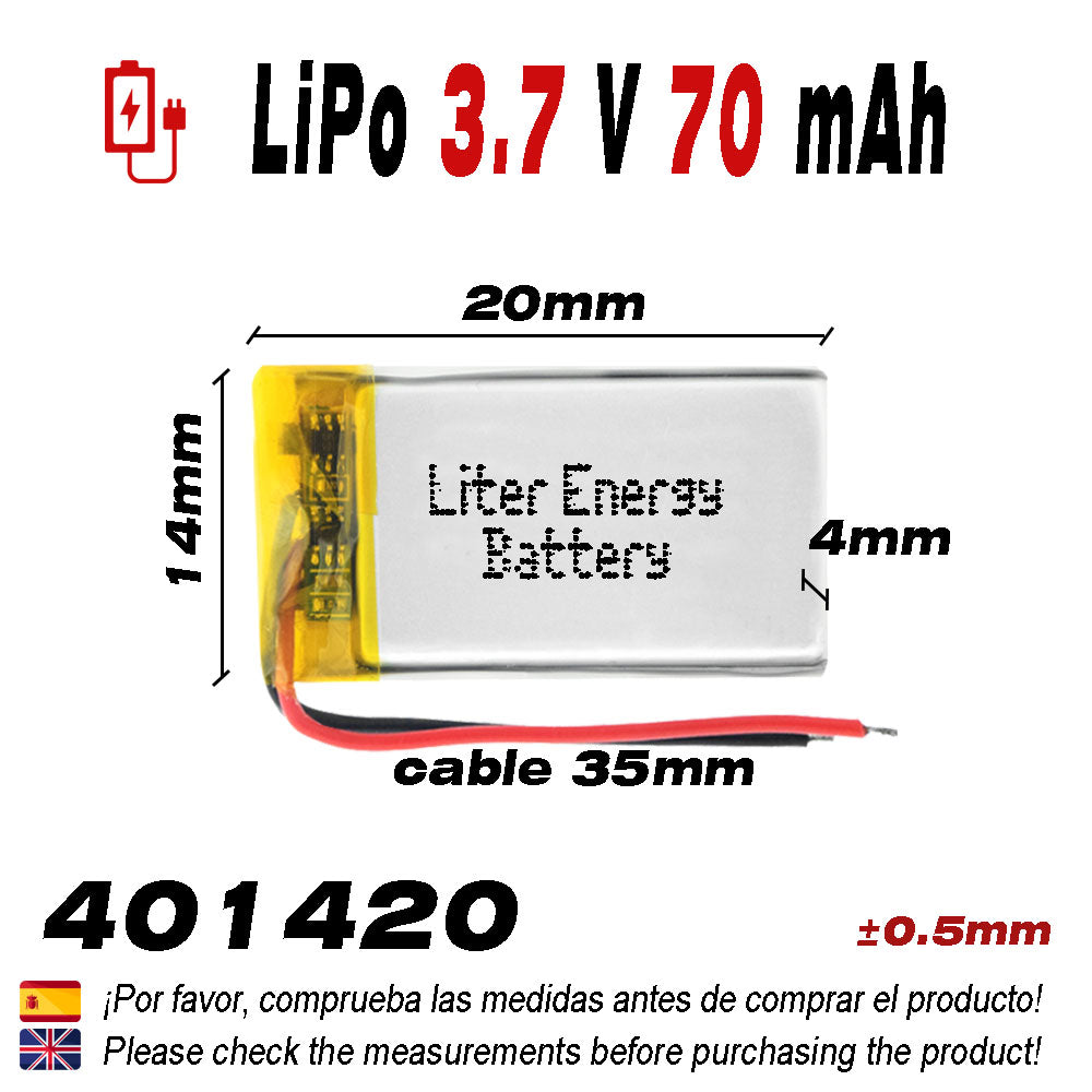Batería 401420 LiPo 3.7V 70mAh 0.259Wh 1S 5C Liter Energy Battery para Electrónica Recargable teléfono portátil vídeo smartwatch reloj GPS - No apta para Radio Control 22x14x4mm (70mAh|401420)