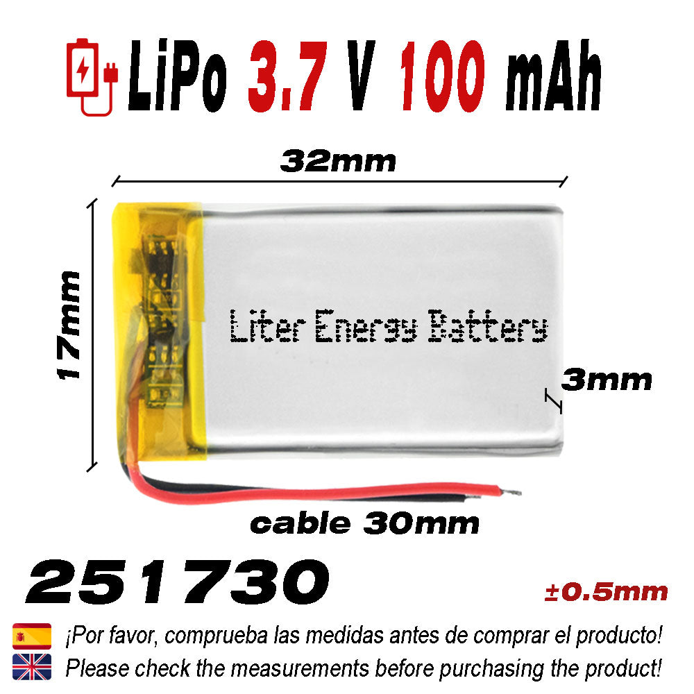 Batería 251730 LiPo 3.7V 100mAh 0.37Wh 1S 5C Liter Energy Battery para Electrónica Recargable teléfono portátil vídeo smartwatch reloj GPS - No apta para Radio Control 32x17x3mm (100mAh|251730)