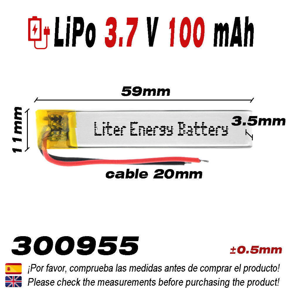 BATERÍA 300955 LiPo 3.7V 100mAh 1S para teléfono portátil vídeo mp3 mp4 luz led