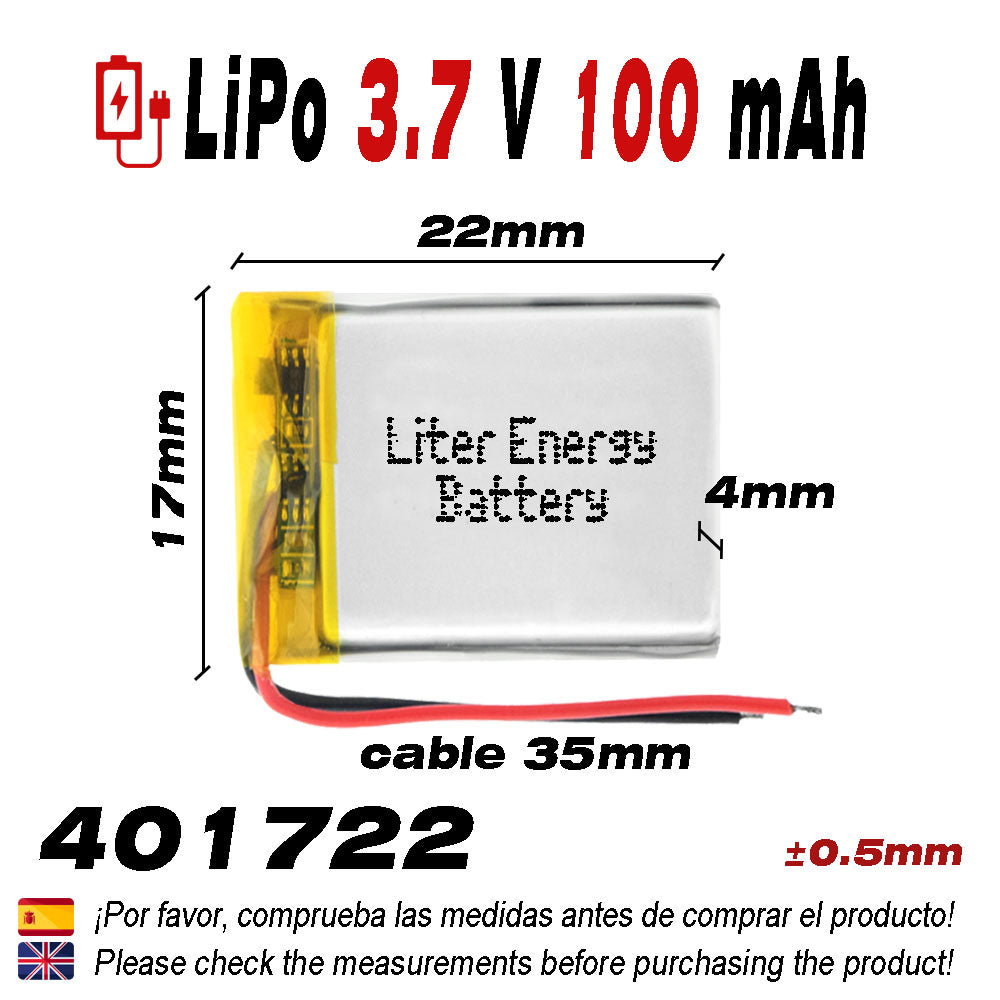 Batería 401722 LiPo 3.7V 100mAh 0.37Wh 1S 5C Liter Energy Battery para Electrónica Recargable teléfono portátil vídeo smartwatch reloj GPS - No apta para Radio Control 24x17x4mm (100mAh|401722)
