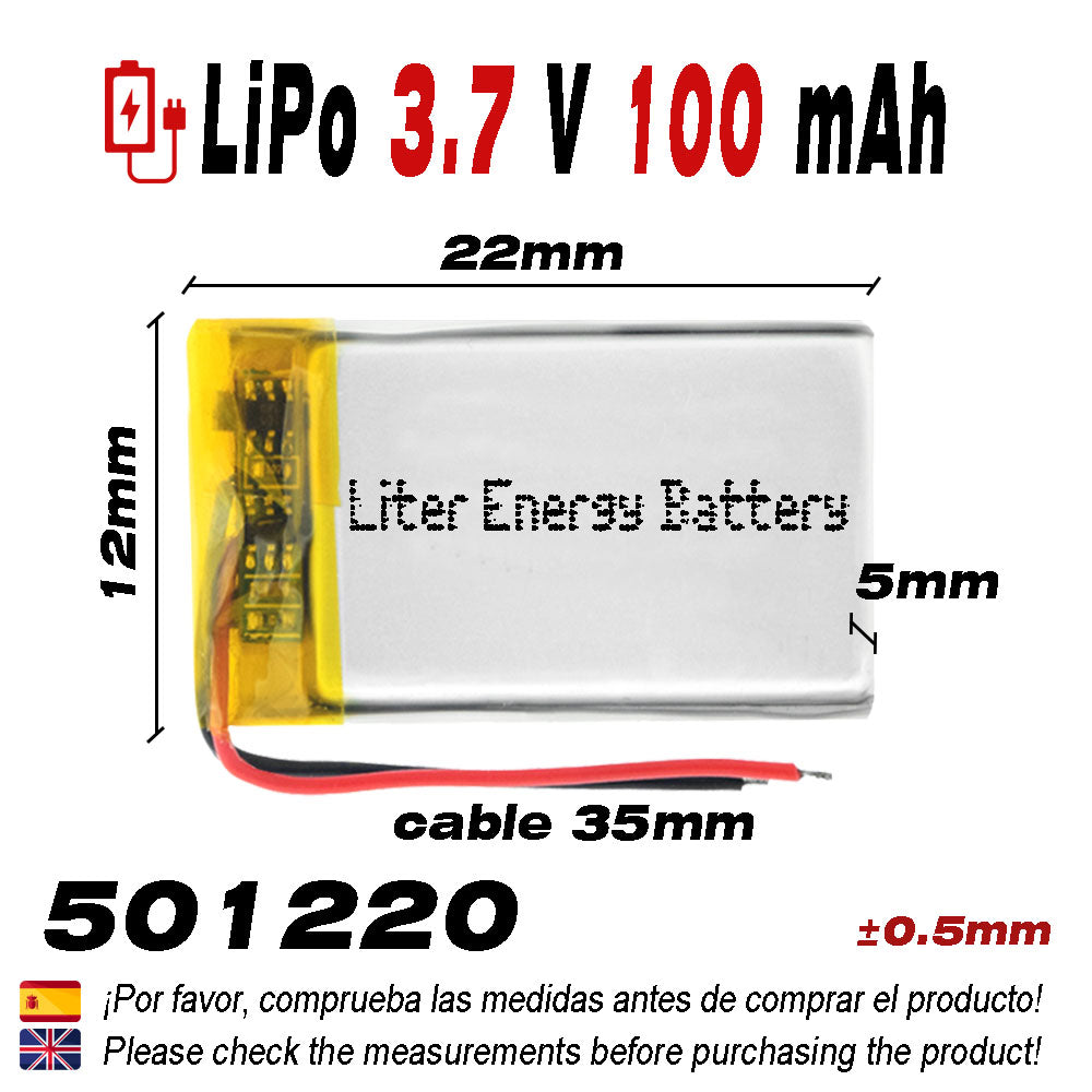 Batería 501220 LiPo 3.7V 100mAh 0.37Wh 1S 5C Liter Energy Battery para Electrónica Recargable teléfono portátil vídeo smartwatch reloj GPS - No apta para Radio Control 22x12x5mm (100mAh|501220)