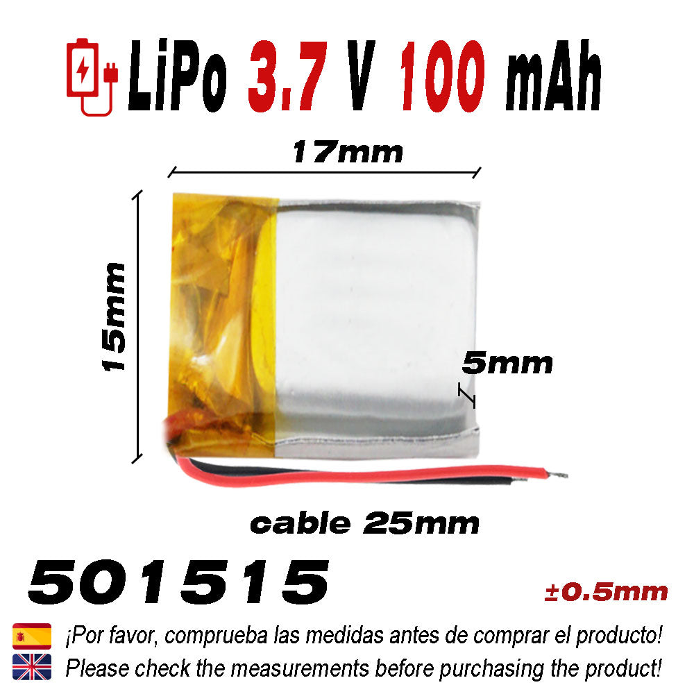 Batería 501515 LiPo 3.7V 100mAh 0.37Wh 1S 5C Liter Energy Battery para Electrónica Recargable teléfono portátil vídeo smartwatch Reloj GPS - No Apta para Radio Control 17x15x5mm (100mAh|501515)