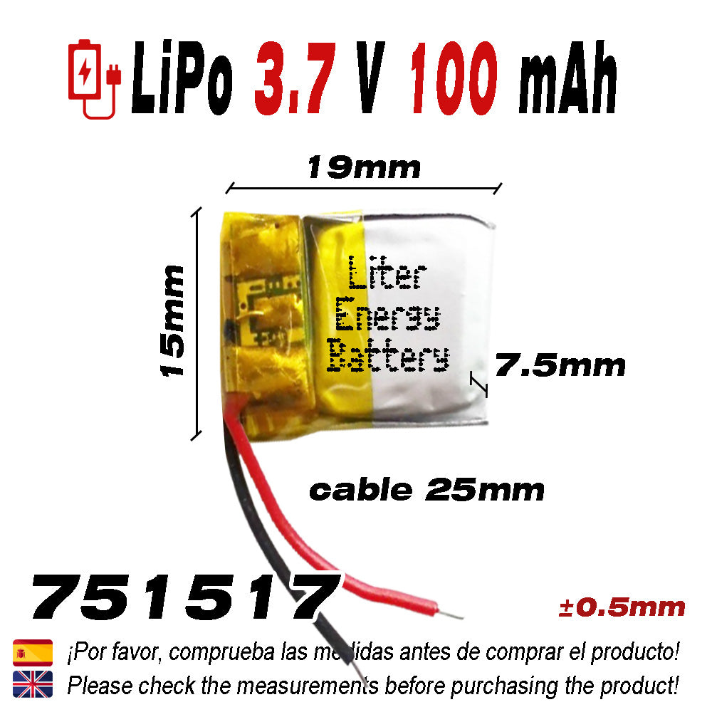 Batería 751517 LiPo 3.7V 100mAh 0.37Wh 1S 5C Liter Energy Battery para Electrónica Recargable teléfono portátil vídeo smartwatch Reloj GPS - No Apta para Radio Control 19x15x7.5mm (100mAh|751517)