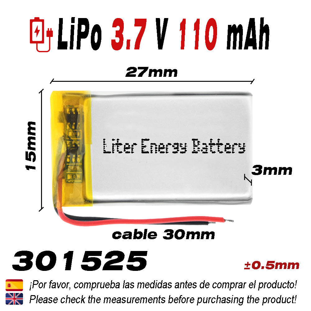 Batería 301525 LiPo 3.7V 110mAh 0.407Wh 1S 5C Liter Energy Battery para Electrónica Recargable teléfono portátil vídeo smartwatch reloj GPS - No apta para Radio Control 27x15x3mm (110mAh|301525)