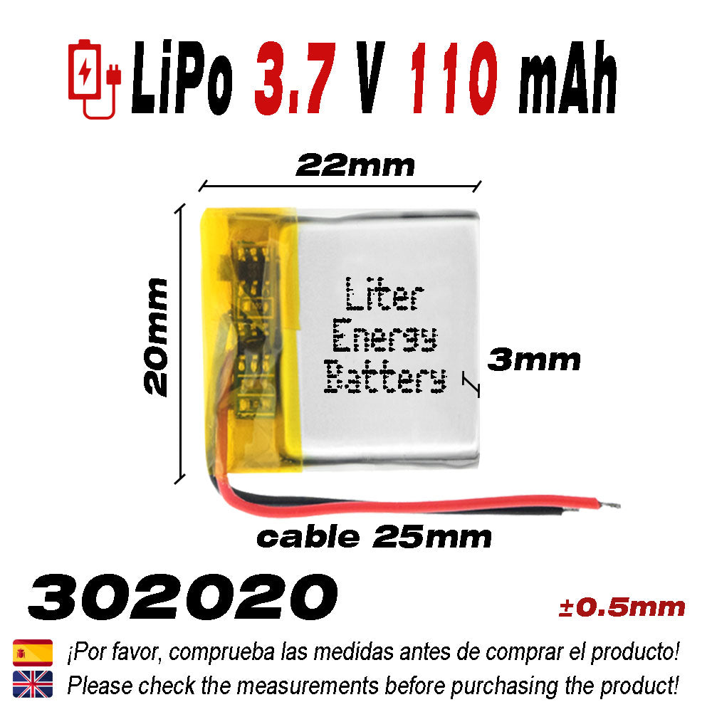 Batería 302020 LiPo 3.7V 110mAh 0.407Wh 1S 5C Liter Energy Battery para Electrónica Recargable teléfono portátil vídeo smartwatch reloj GPS - No apta para Radio Control 22x20x3mm (110mAh|302020)