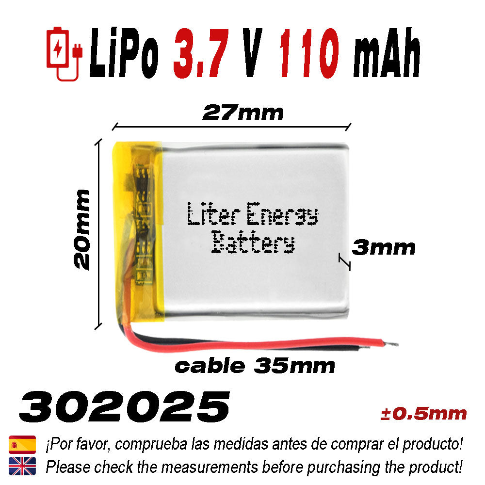 Batería 302025 LiPo 3.7V 110mAh 0.407Wh 1S 5C Liter Energy Battery para Electrónica Recargable teléfono portátil vídeo smartwatch reloj GPS - No apta para Radio Control 27x20x3mm (110mAh|302025)