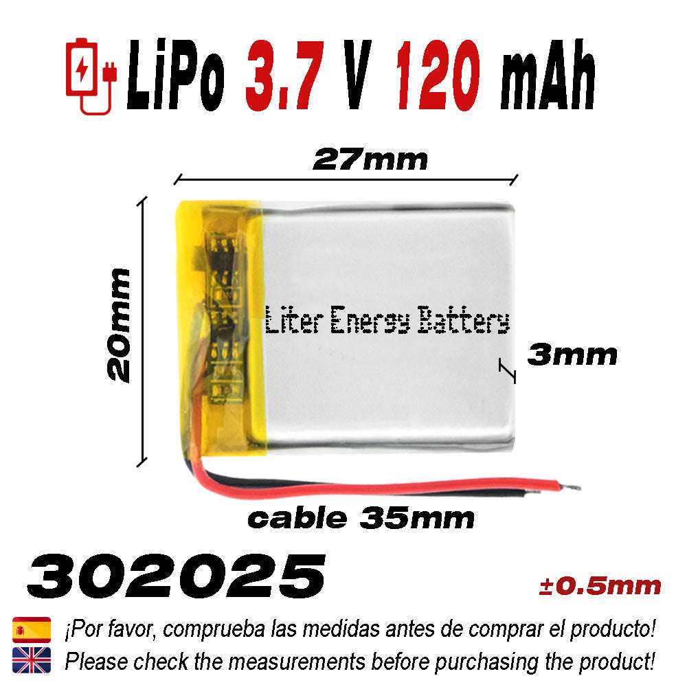 Batería 302025 LiPo 3.7V 120mAh 0.444Wh 1S 5C Liter Energy Battery para Electrónica Recargable teléfono portátil vídeo smartwatch reloj GPS - No apta para Radio Control 27x20x3mm (120mAh|302025)