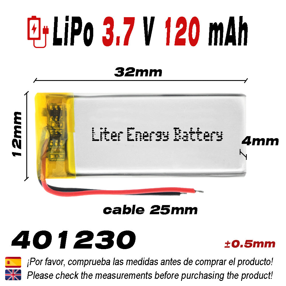 Batería 401230 LiPo 3.7V 120mAh 0.444Wh 1S 5C Liter Energy Battery para Electrónica Recargable teléfono portátil vídeo smartwatch Reloj GPS - No Apta para Radio Control 32x12x4mm (120mAh|401230)