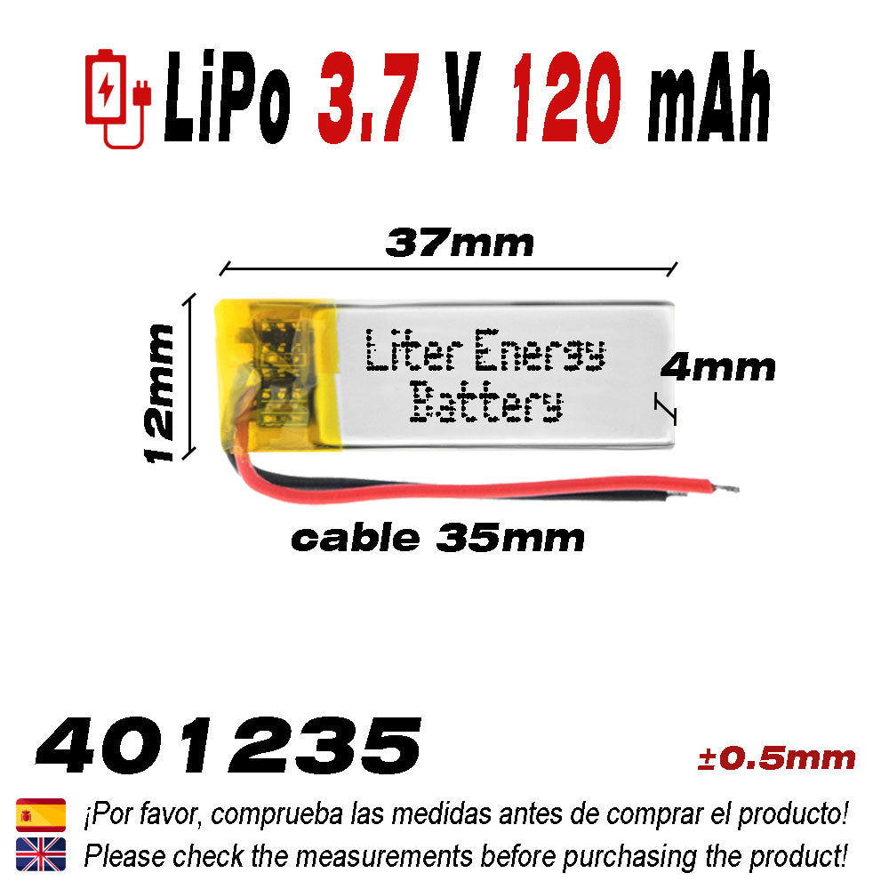 Batería 401235 LiPo 3.7V 120mAh 0.444Wh 1S 5C Liter Energy Battery para Electrónica Recargable teléfono portátil vídeo smartwatch reloj GPS - No apta para Radio Control 37x12x4mm (120mAh|401235)