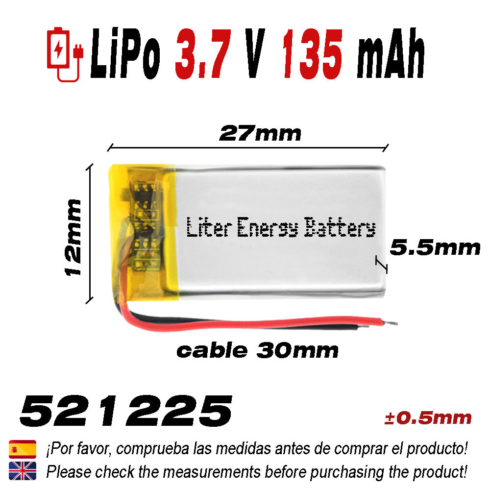 Batería 521225 LiPo 3.7V 135mAh 0.499Wh 1S 5C Liter Energy Battery para Electrónica Recargable teléfono portátil vídeo smartwatch reloj GPS - No apta para Radio Control 27x12x5mm (135mAh|521225)