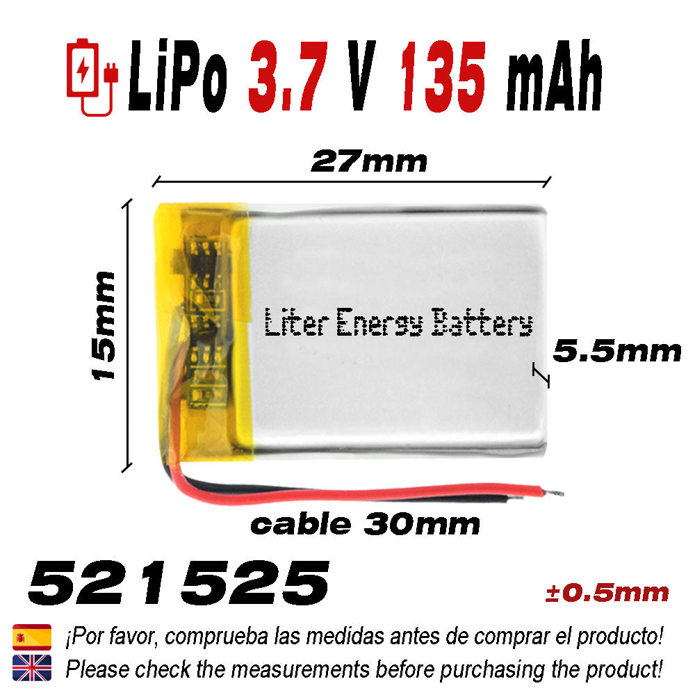 Batería 521525 LiPo 3.7V 135mAh 0.499Wh 1S 5C Liter Energy Battery para Electrónica Recargable teléfono portátil vídeo smartwatch reloj GPS - No apta para Radio Control 27x15x5mm (135mAh|521525)