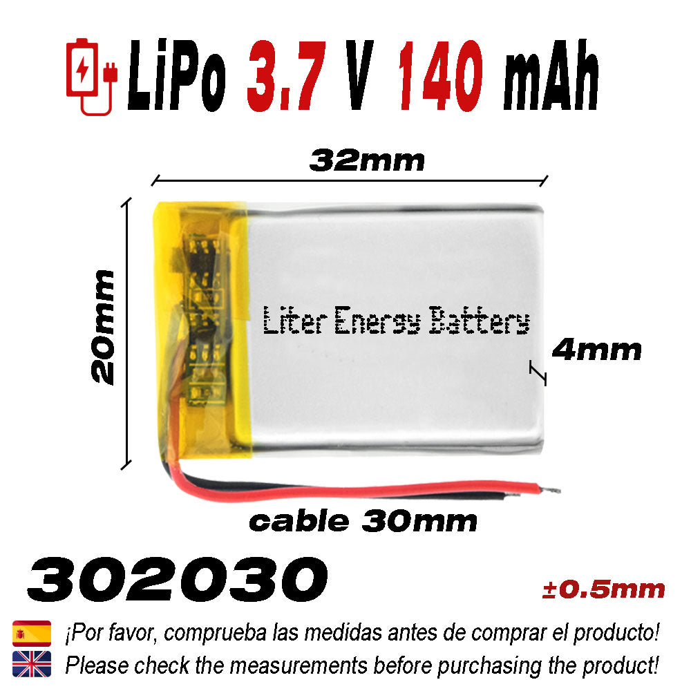 Batería 302030 LiPo 3.7V 140mAh 0.518Wh 1S 5C Liter Energy Battery para Electrónica Recargable teléfono portátil vídeo smartwatch reloj GPS - No apta para Radio Control 32x20x4mm (140mAh|302030)