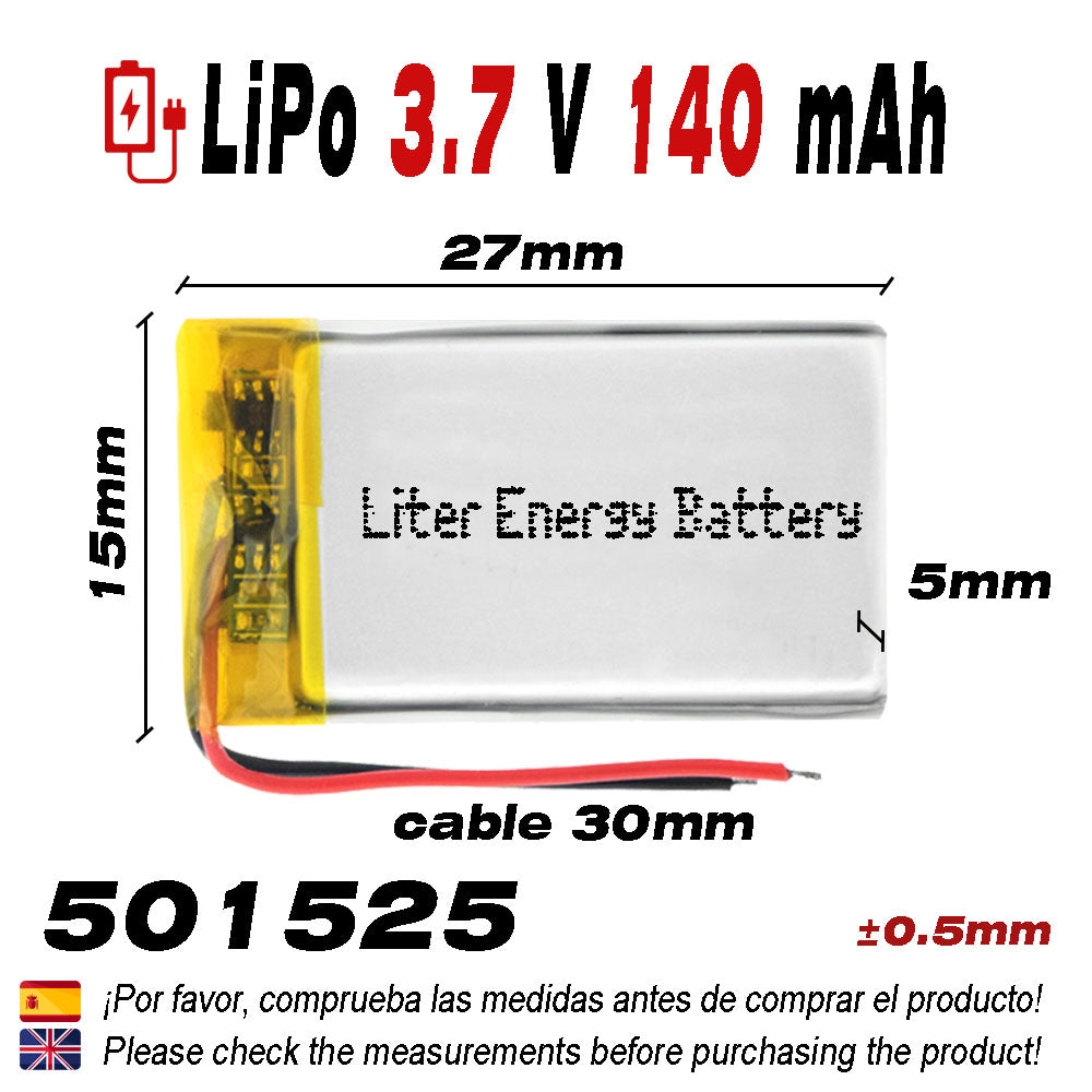 Batería 501525 LiPo 3.7V 140mAh 0.518Wh 1S 5C Liter Energy Battery para Electrónica Recargable teléfono portátil vídeo smartwatch Reloj GPS - No Apta para Radio Control 27x15x5mm (140mAh|501525)