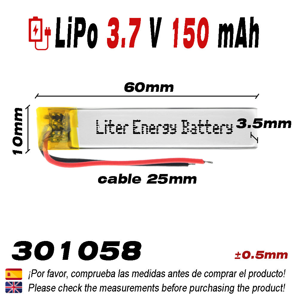 Batería 301058 LiPo 3.7V 150mAh 0.555Wh 1S 5C Liter Energy Battery para Electrónica Recargable teléfono portátil vídeo smartwatch reloj GPS - No Apta para Radio Control 60x10x4mm (150mAh|301058)