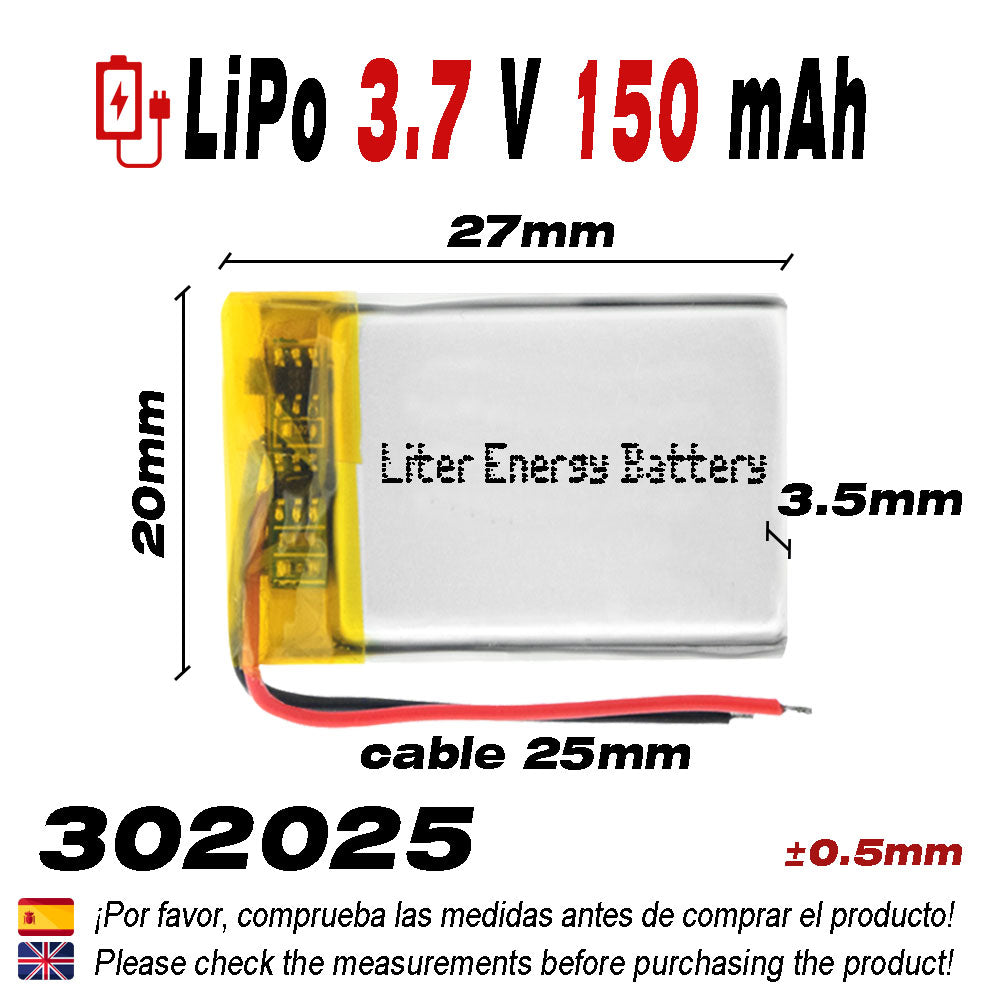Batería 302025 LiPo 3.7V 150mAh 0.555Wh 1S 5C Liter Energy Battery para Electrónica Recargable teléfono portátil vídeo smartwatch reloj GPS - No apta para Radio Control 27x20x4mm (150mAh|302025)