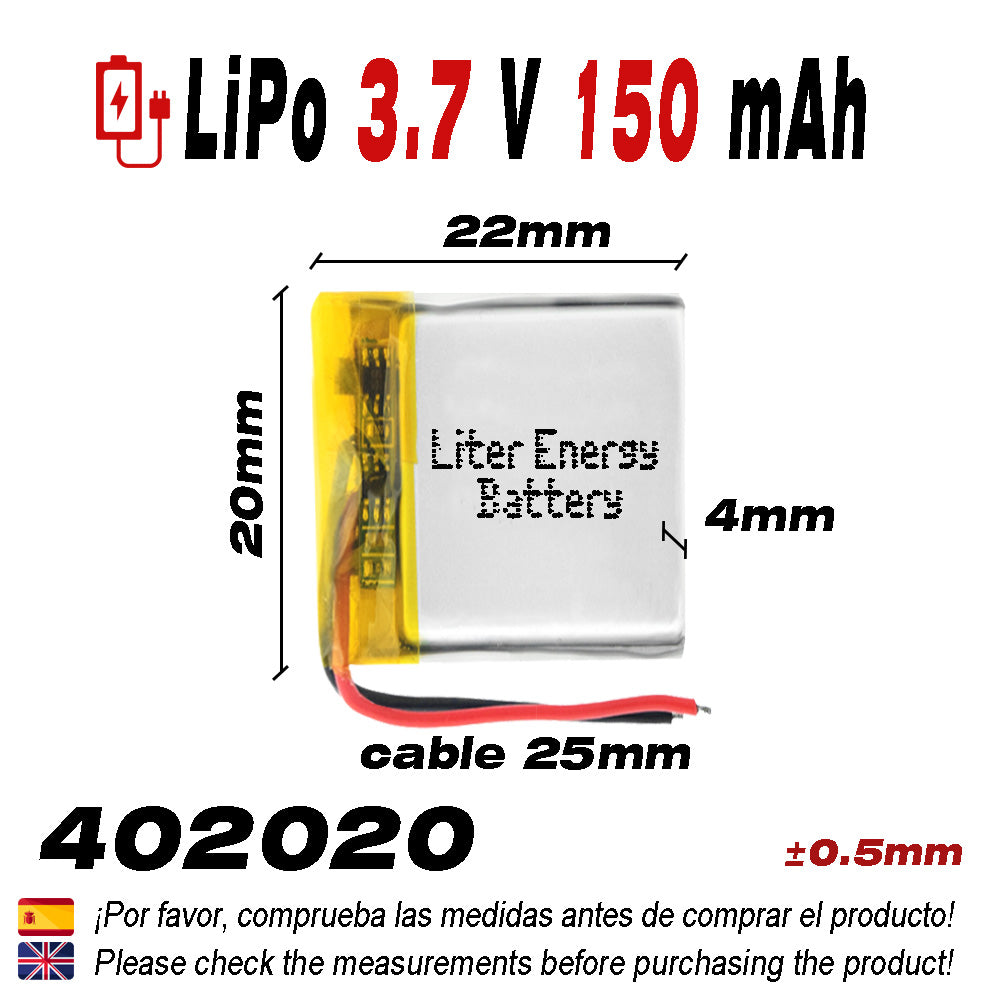 Batería 402020 LiPo 3.7V 150mAh 0.555Wh 1S 5C Liter Energy Battery para Electrónica Recargable teléfono portátil vídeo smartwatch reloj GPS - No apta para Radio Control 22x20x4mm (150mAh|402020)
