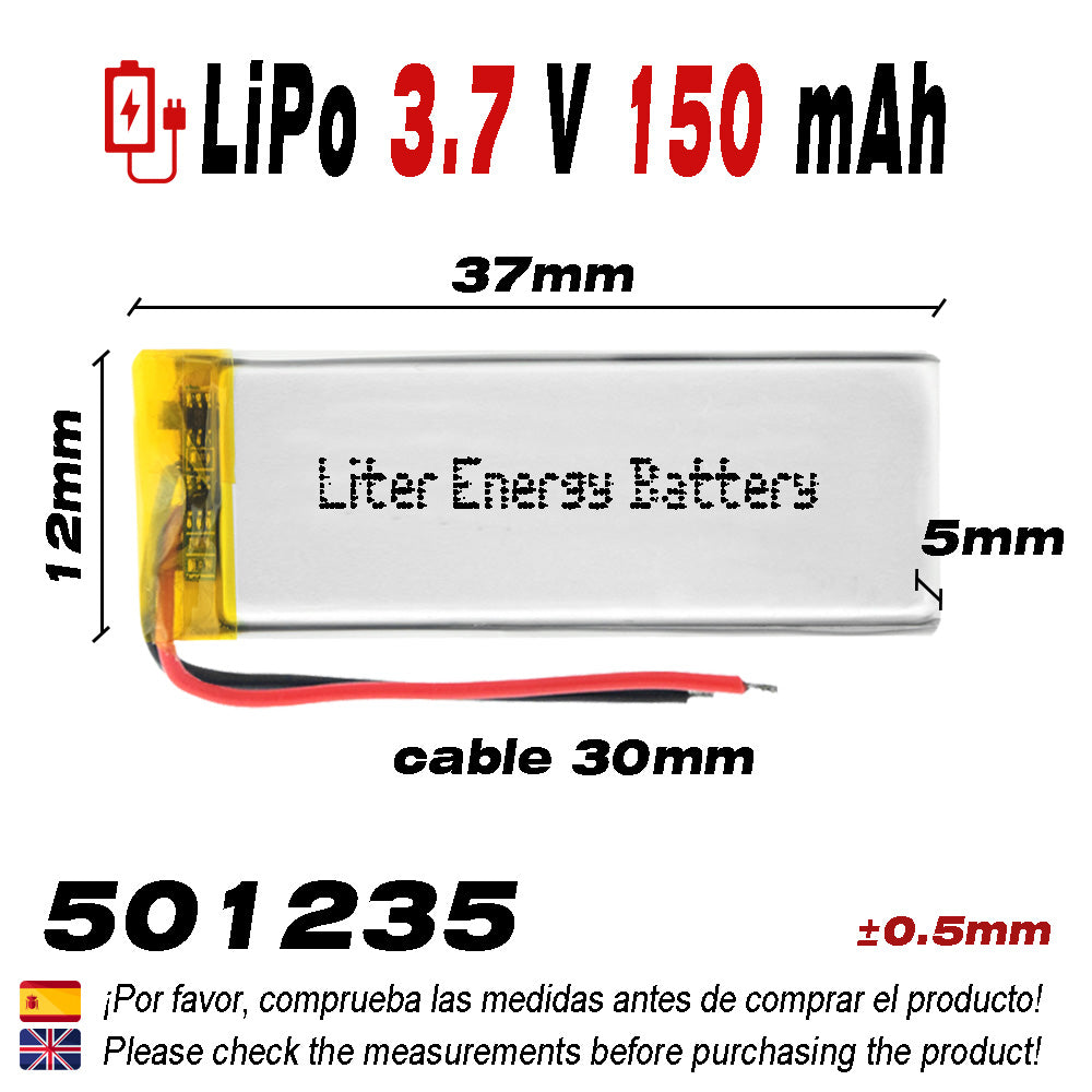 Batería 501235 LiPo 3.7V 150mAh 0.555Wh 1S 5C Liter Energy Battery para Electrónica Recargable teléfono portátil vídeo smartwatch reloj GPS - No apta para Radio Control 37x12x5mm (150mAh|501235)