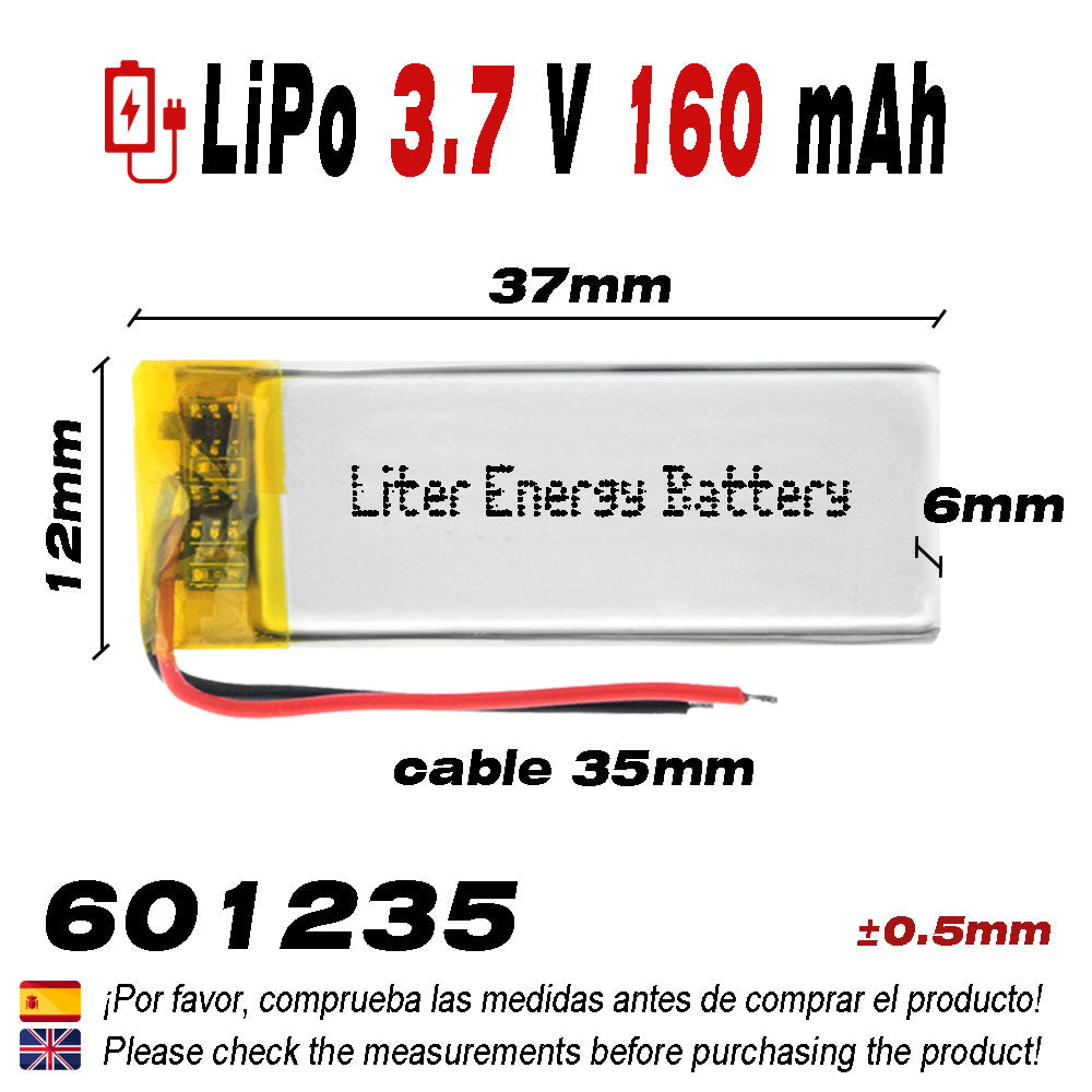 Batería 601235 LiPo 3.7V 160mAh 0.592Wh 1S 5C Liter Energy Battery para Electrónica Recargable teléfono portátil vídeo smartwatch reloj GPS - No apta para Radio Control 37x12x6mm (160mAh|601235)