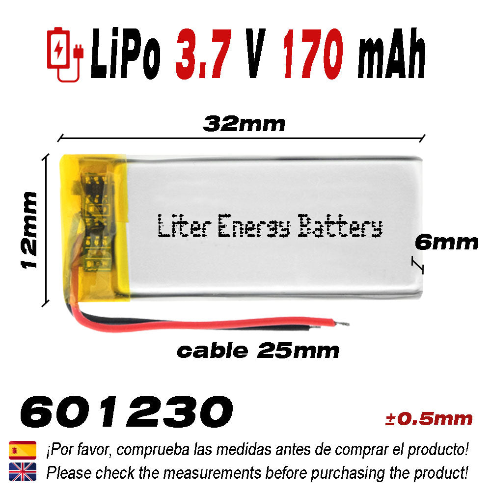 Batería 601230 LiPo 3.7V 170mAh 0.629Wh 1S 5C Liter Energy Battery para Electrónica Recargable teléfono portátil vídeo smartwatch reloj GPS - No apta para Radio Control 32x12x6mm (170mAh|601230)