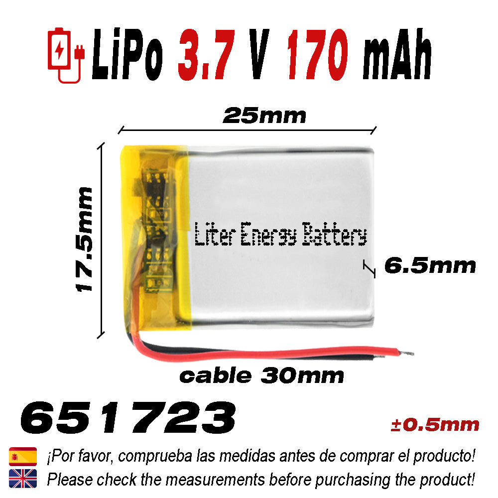 Batería 651723 LiPo 3.7V 170mAh 0.629Wh 1S 5C Liter Energy Battery para Electrónica Recargable teléfono portátil vídeo smartwatch reloj GPS - No apta para Radio Control 25x17x7mm (170mAh|651723)