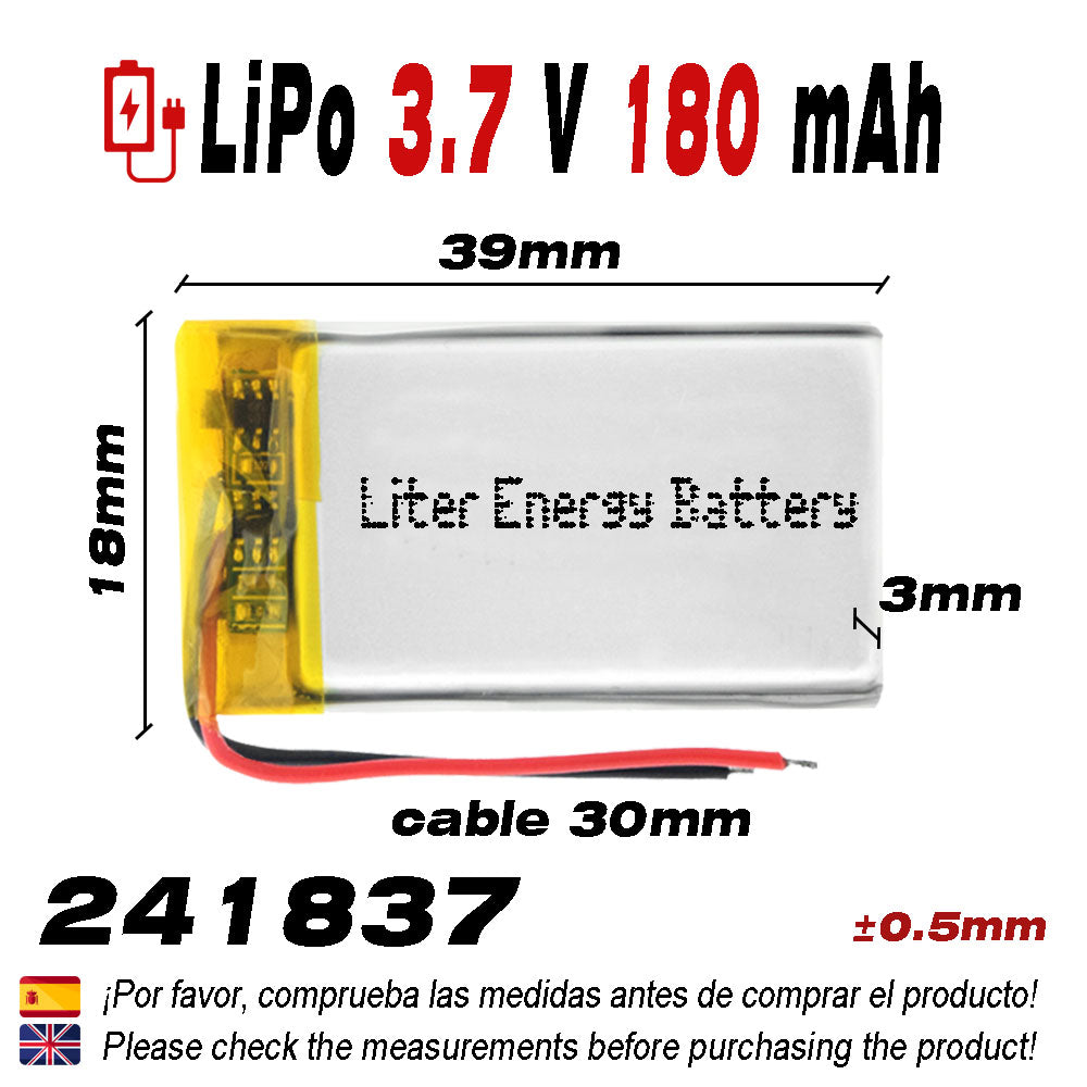 Batería 241837 LiPo 3.7V 180mAh 0.666Wh 1S 5C Liter Energy Battery para Electrónica Recargable teléfono portátil vídeo smartwatch reloj GPS - No apta para Radio Control 39x18x3mm (180mAh|241837)
