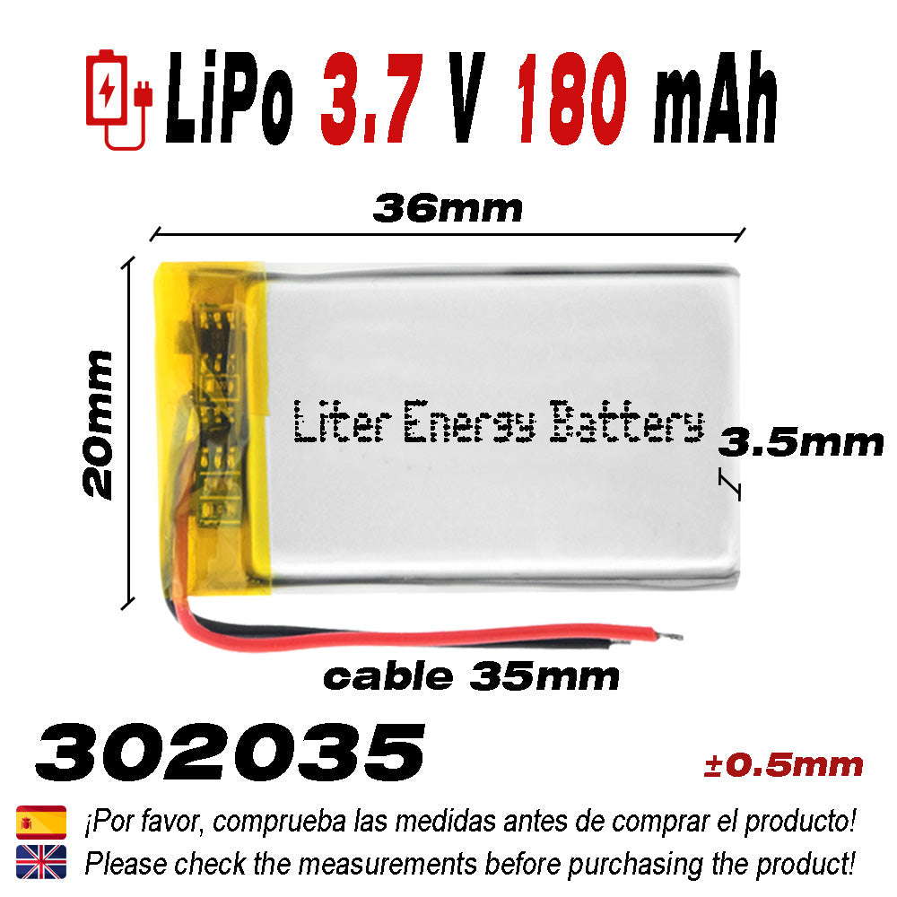 Batería 302035 LiPo 3.7V 180mAh 0.666Wh 1S 5C Liter Energy Battery para Electrónica Recargable teléfono portátil vídeo smartwatch reloj GPS - No apta para Radio Control 37x20x3mm (180mAh|302035)