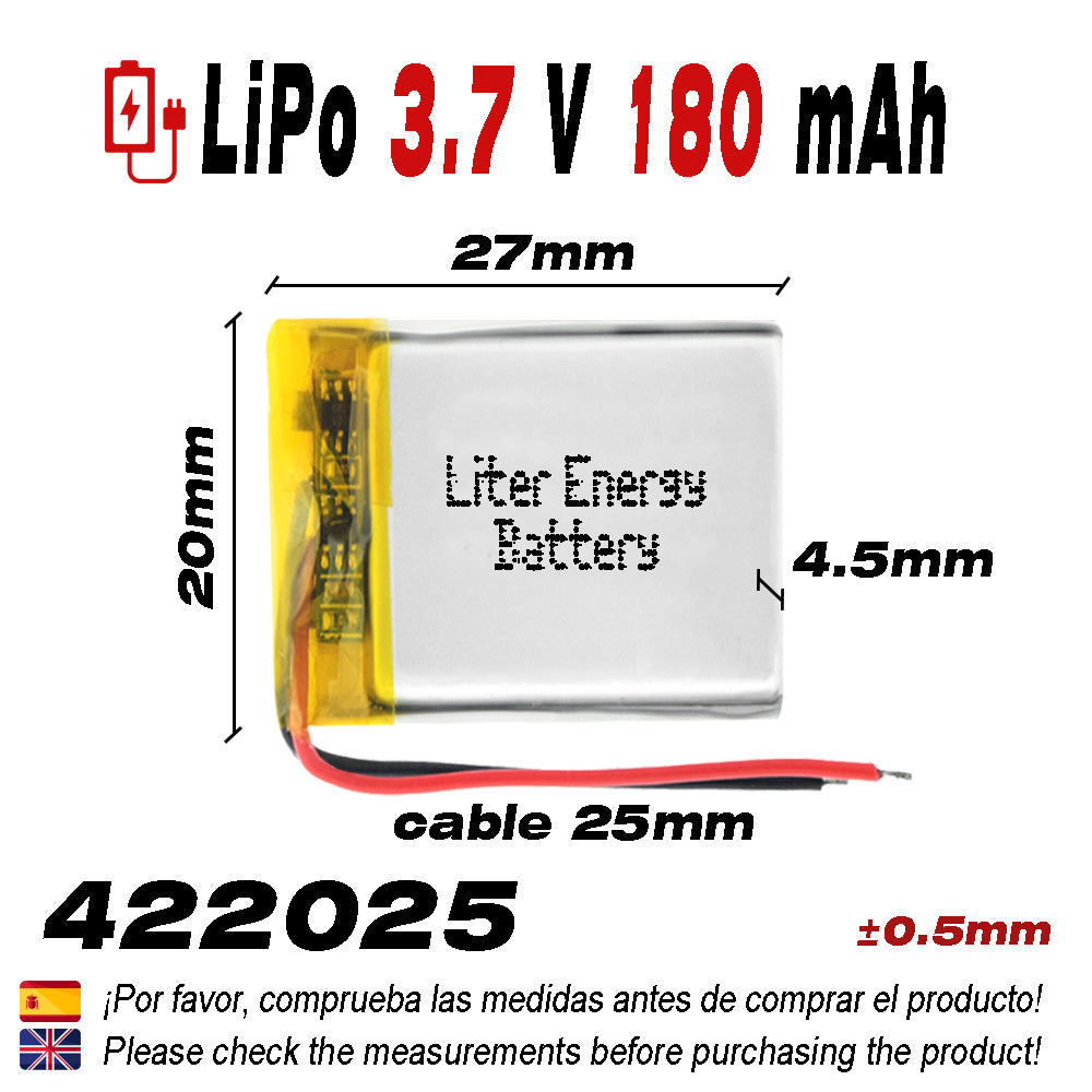 Batería 422025 LiPo 3.7V 180mAh 0.666Wh 1S 5C Liter Energy Battery para Electrónica Recargable teléfono portátil vídeo smartwatch reloj GPS - No apta para Radio Control 27x20x4mm (180mAh|422025)