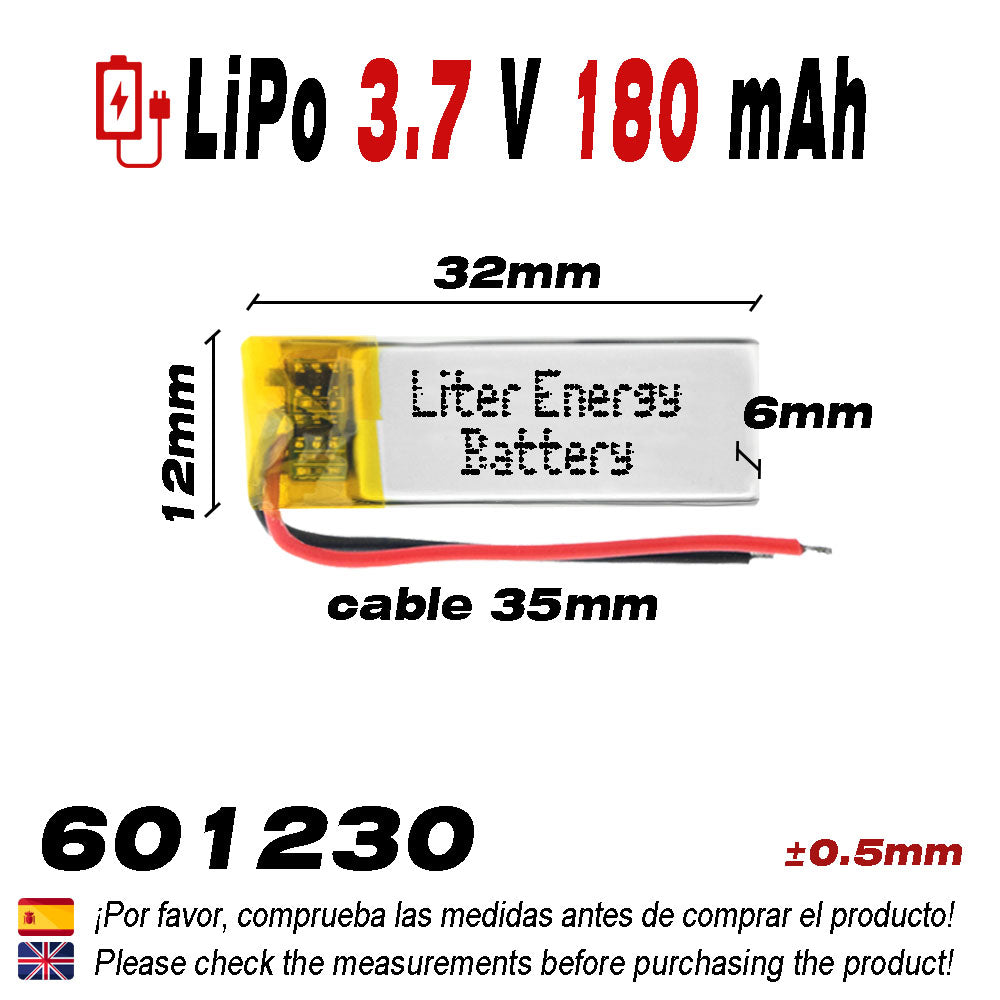 Batería 601230 LiPo 3.7V 180mAh 0.666Wh 1S 5C Liter Energy Battery para Electrónica Recargable teléfono portátil vídeo smartwatch reloj GPS - No apta para Radio Control 32x12x6mm (180mAh|601230)