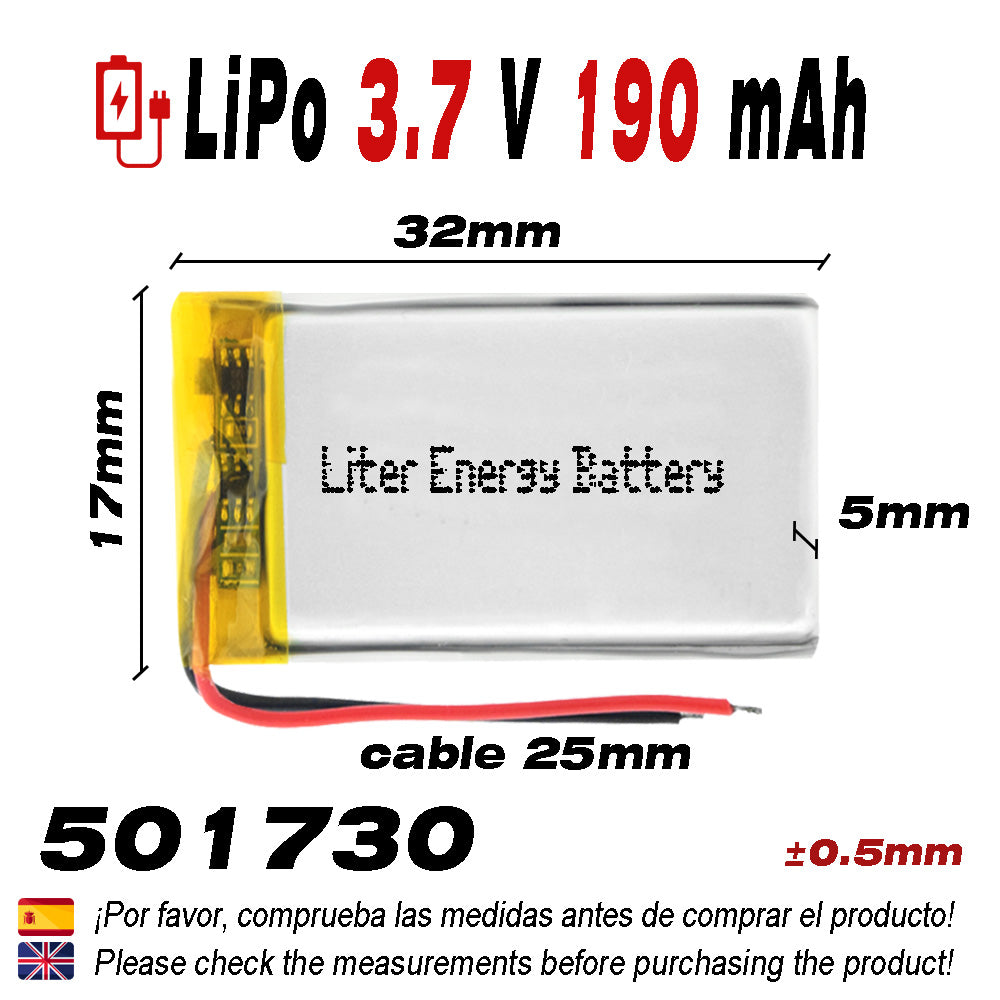 Batería 501730 LiPo 3.7V 190mAh 0.703Wh 1S 5C Liter Energy Battery para Electrónica Recargable teléfono portátil vídeo smartwatch reloj GPS - No apta para Radio Control 32x17x5mm (190mAh|501730)