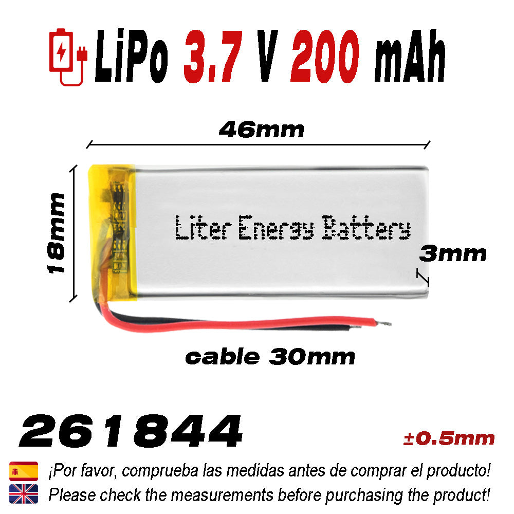 Batería 261844 LiPo 3.7V 200mAh 0.74Wh 1S 5C Liter Energy Battery para Electrónica Recargable teléfono portátil vídeo smartwatch reloj GPS - No apta para Radio Control 46x18x3mm (200mAh|261844)