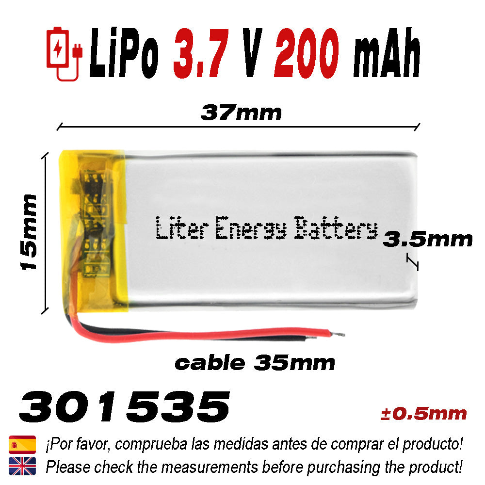 Batería 301535 LiPo 3.7V 200mAh 0.74Wh 1S 5C Liter Energy Battery para Electrónica Recargable teléfono portátil vídeo smartwatch reloj GPS - No apta para Radio Control 37x15x4mm (200mAh|301535)