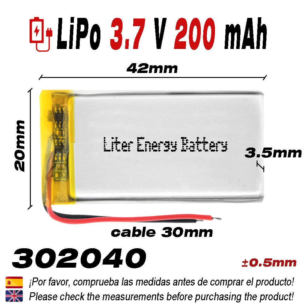 Batería 302040 LiPo 3.7V 200mAh 0.74Wh 1S 5C Liter Energy Battery para Electrónica Recargable teléfono portátil vídeo smartwatch reloj GPS - No apta para Radio Control 42x20x4mm (200mAh|302040)