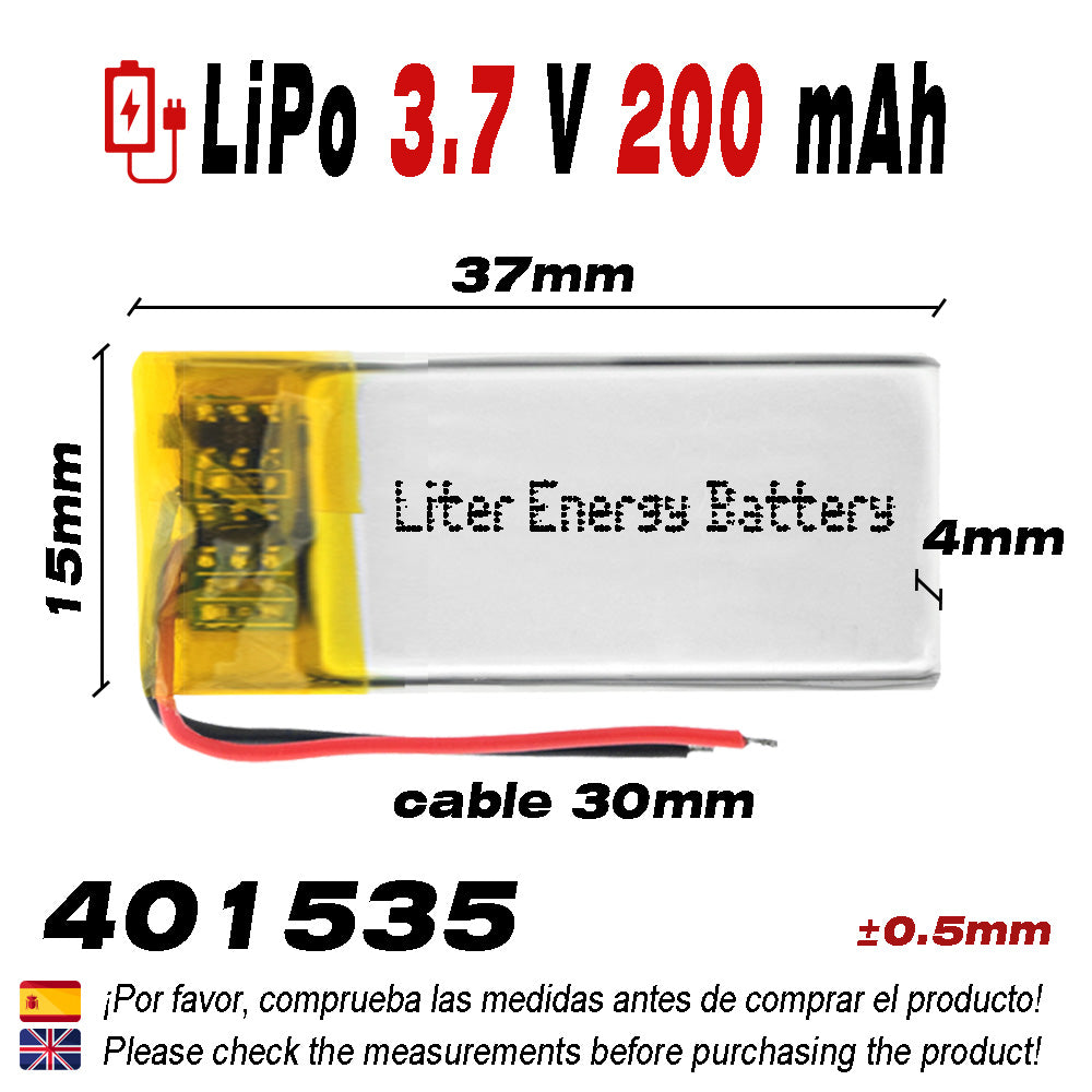 Batería 401535 LiPo 3.7V 200mAh 0.74Wh 1S 5C Liter Energy Battery para Electrónica Recargable teléfono portátil vídeo smartwatch reloj GPS - No apta para Radio Control 37x15x4mm (200mAh|401535)