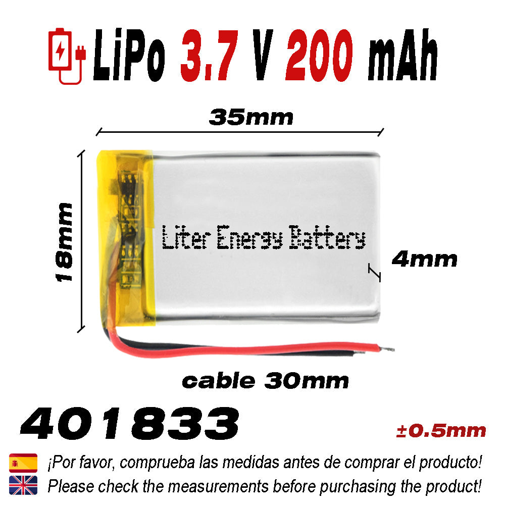 Batería 401833 LiPo 3.7V 200mAh 0.74Wh 1S 5C Liter Energy Battery para Electrónica Recargable teléfono portátil vídeo smartwatch reloj GPS - No apta para Radio Control 35x18x4mm (200mAh|401833)