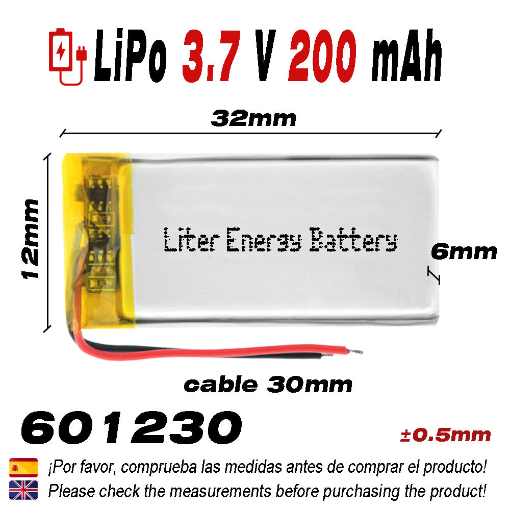 Batería 601230 LiPo 3.7V 200mAh 0.74Wh 1S 5C Liter Energy Battery para Electrónica Recargable teléfono portátil vídeo smartwatch reloj GPS - No apta para Radio Control 32x12x6mm (200mAh|601230)