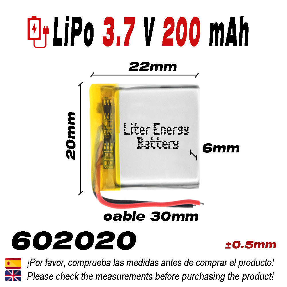 Batería 602020 LiPo 3.7V 200mAh 0.74Wh 1S 5C Liter Energy Battery para Electrónica Recargable teléfono portátil vídeo smartwatch reloj GPS - No apta para Radio Control 22x20x6mm (200mAh|602020)