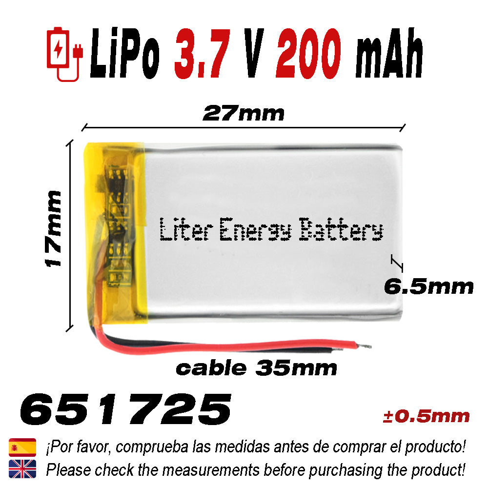 Batería 651725 LiPo 3.7V 200mAh 0.74Wh 1S 5C Liter Energy Battery para Electrónica Recargable teléfono portátil vídeo smartwatch reloj GPS - No apta para Radio Control 27x17x7mm (200mAh|651725)