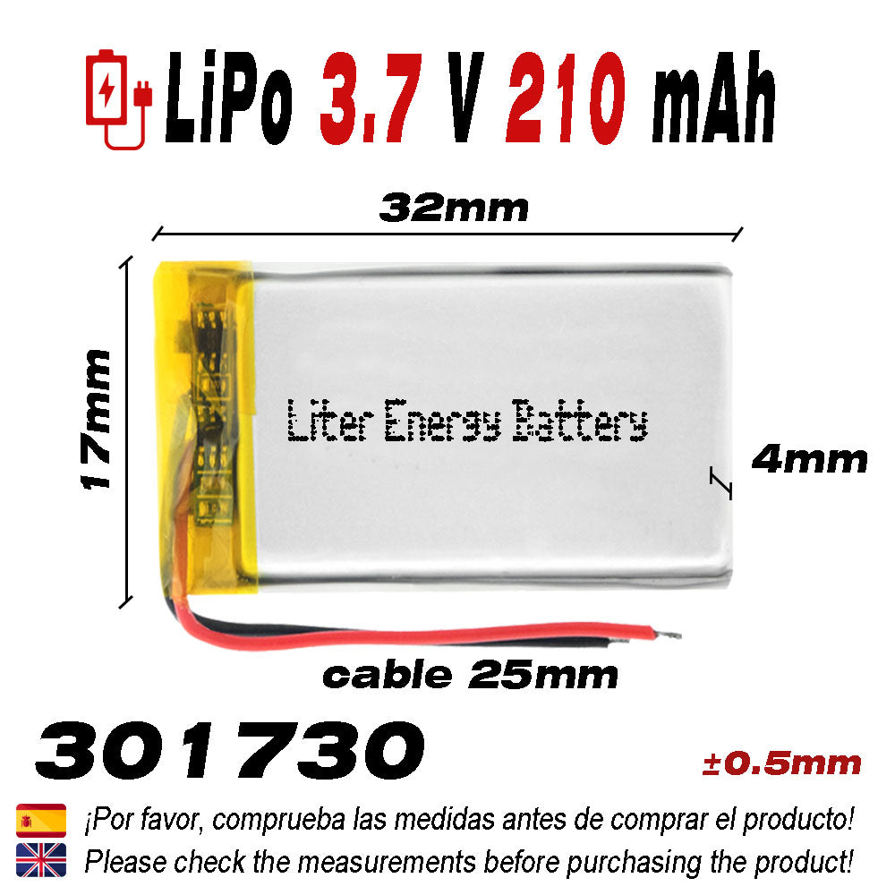 Batería 301730 LiPo 3.7V 210mAh 0.777Wh 1S 5C Liter Energy Battery para Electrónica Recargable teléfono portátil vídeo smartwatch reloj GPS - No apta para Radio Control 32x17x4mm (210mAh|301730)