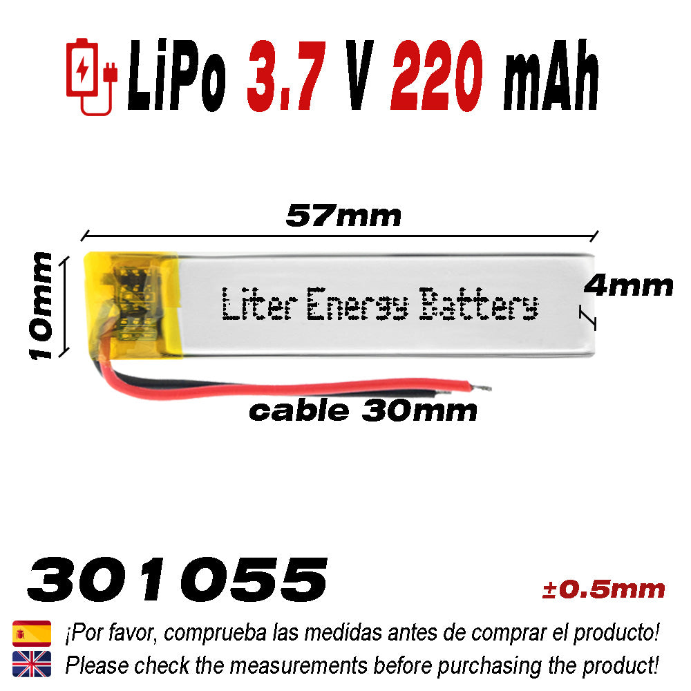 Batería 301055 LiPo 3.7V 220mAh 0.814Wh 1S 5C Liter Energy Battery para Electrónica Recargable teléfono portátil vídeo smartwatch reloj GPS - No Apta para Radio Control 57x10x3mm (220mAh|301055)