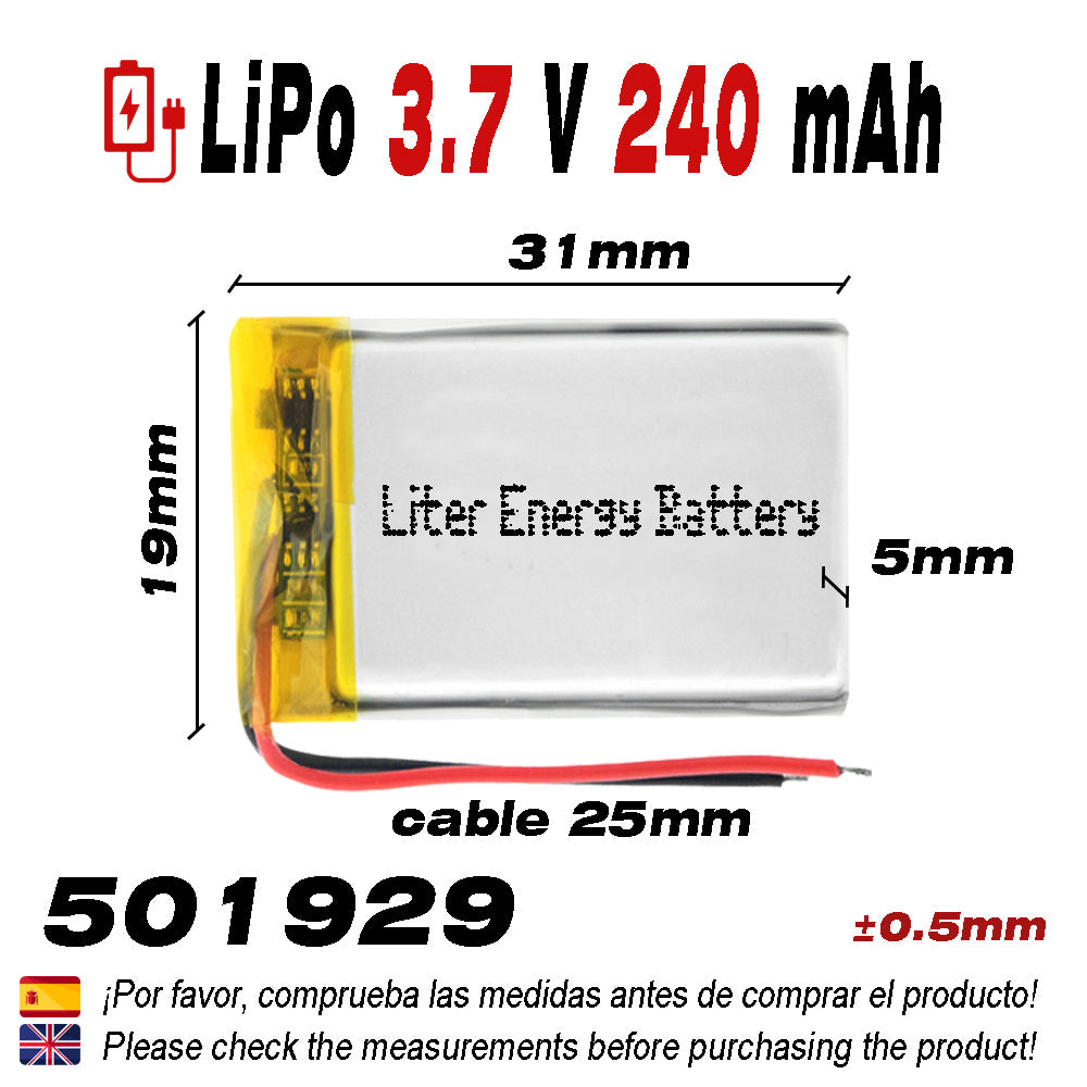 BATERÍA 501929 LiPo 3.7V 240mAh 1S teléfono portátil vídeo mp3 mp4 luz led gps