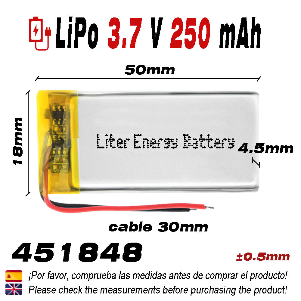 Batería 451848 LiPo 3.7V 250mAh 0.925Wh 1S 5C Liter Energy Battery para Electrónica Recargable teléfono portátil vídeo smartwatch reloj GPS - No apta para Radio Control 50x18x5mm (250mAh|451848)