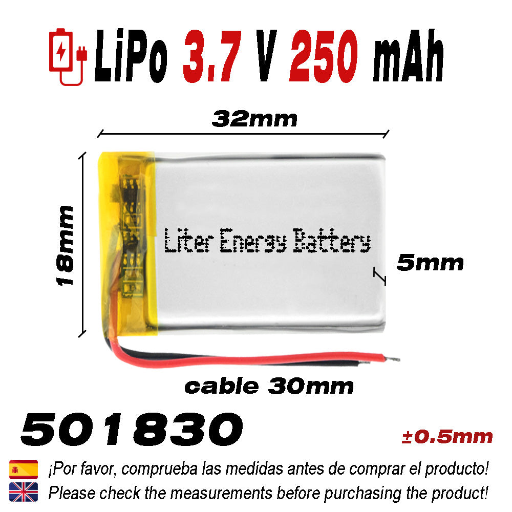 Batería 501830 LiPo 3.7V 250mAh 0.925Wh 1S 5C Liter Energy Battery para Electrónica Recargable teléfono portátil vídeo smartwatch reloj GPS - No Apta para Radio Control 32x28x4mm (250mAh|501830)