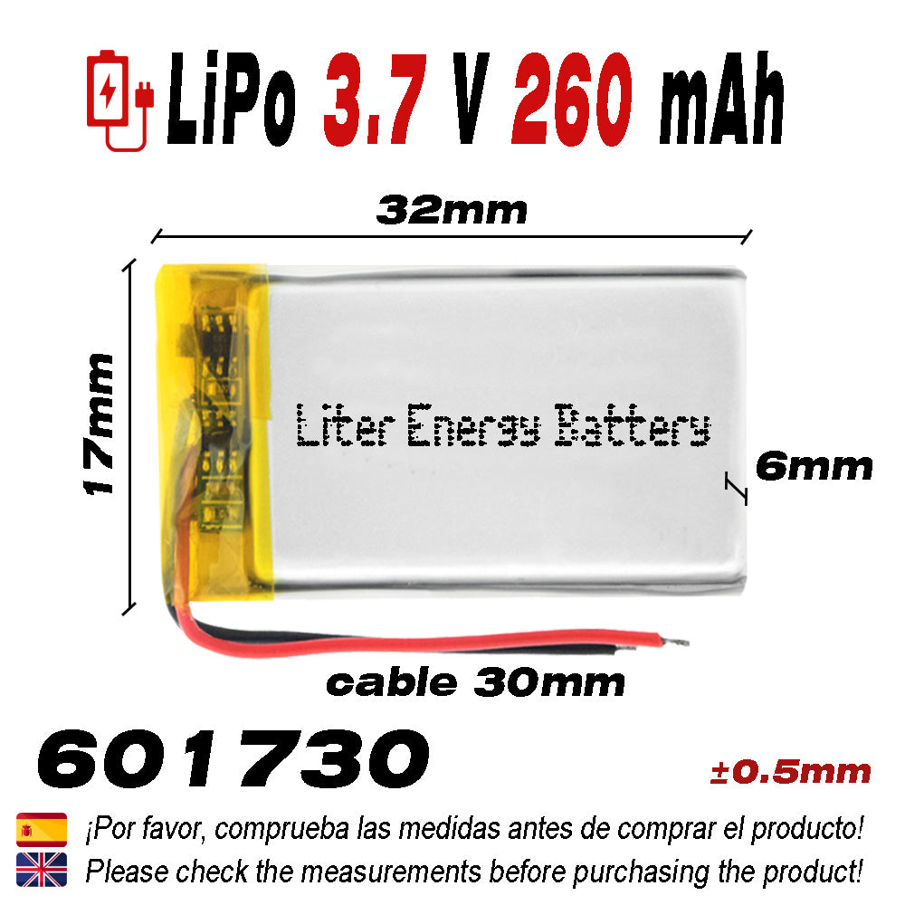 BATERÍA 601730 LiPo 3.7V 260mAh 1S para teléfono portátil vídeo mp3 mp4 luz led