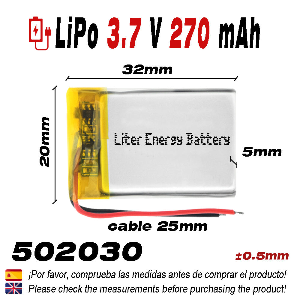 Batería 502030 LiPo 3.7V 270mAh 0.999Wh 1S 5C Liter Energy Battery para Electrónica Recargable teléfono portátil vídeo smartwatch reloj GPS - No apta para Radio Control 32x20x5mm (270mAh|502030)