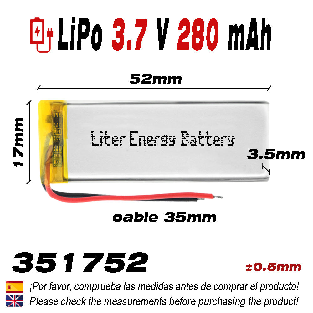 Batería 351752 LiPo 3.7V 280mAh 1.036Wh 1S 5C Liter Energy Battery para Electrónica Recargable teléfono portátil vídeo smartwatch reloj GPS - No apta para Radio Control 52x17x4mm (280mAh|351752)