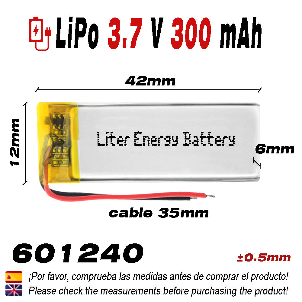 Batería 601240 LiPo 3.7V 300mAh 1.11Wh 1S 5C Liter Energy Battery para Electrónica Recargable teléfono portátil vídeo smartwatch reloj GPS - No Apta para Radio Control 42x12x6mm (300mAh|601240)